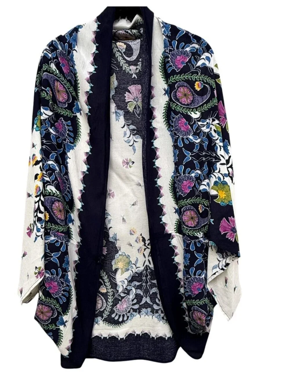 Anthropologie Wrap Boho Blue Floral Womens Kimono Jacket One Size